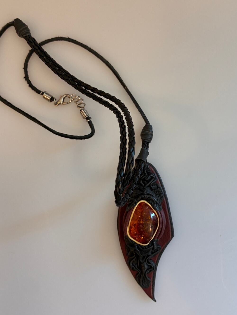 Baltic Amber Leather Necklace Artisan Pendant Cognac